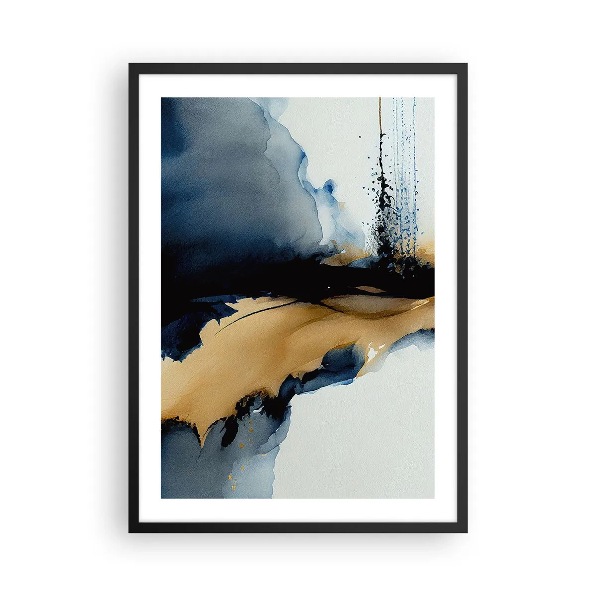 Plakat i sort ramme - En abstrakt komposition i nuancer af marineblå og guld - 50x70cm - Bag sløret - Moderne vægdekoration til stue og soveværelse ARTTOR