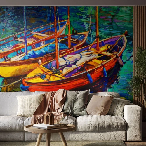 Fototapet Selvklæbende Deluxe Sticker - På vand, der er tykt af farve - Łódź, Sejlbåd, Hav - 100x70 cm