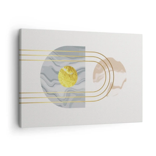 Lærredstryk - Billede på lærred - Abstrakt komposition med cirkler og gyldne linjer på en lys baggrund. - 70x50cm - Lysstyrke og udstråling - Moderne vægdekoration til stue og soveværelse ARTTOR