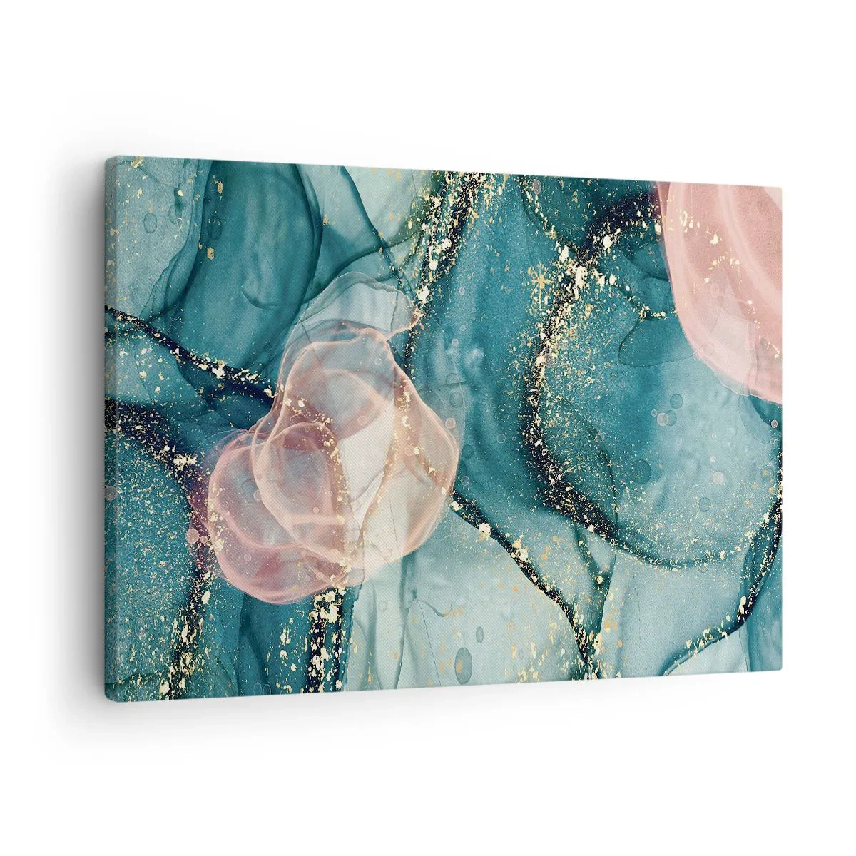 Lærredstryk - Billede på lærred - En abstrakt komposition i nuancer af turkis og guld. - 70x50cm - Silkeblå, tyl lyserød - Moderne vægdekoration til stue og soveværelse ARTTOR