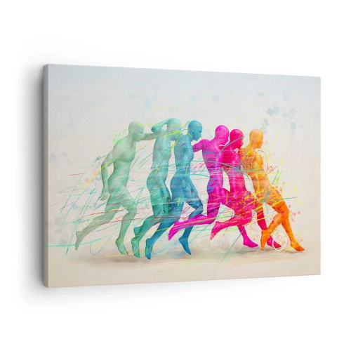Lærredstryk - Billede på lærred - Farverige silhuetter af løbere i bevægelse - 70x50cm - Harmoni i bevægelse - Moderne vægdekoration til stue og soveværelse ARTTOR
