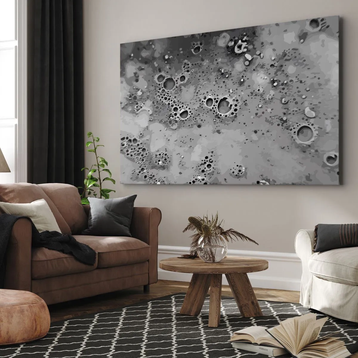 Lærredstryk - Billede på lærred - Abstrakt sort-hvidt boblemønster - 70x50cm - Som et månelandskab - Moderne vægdekoration til stue og soveværelse ARTTOR
