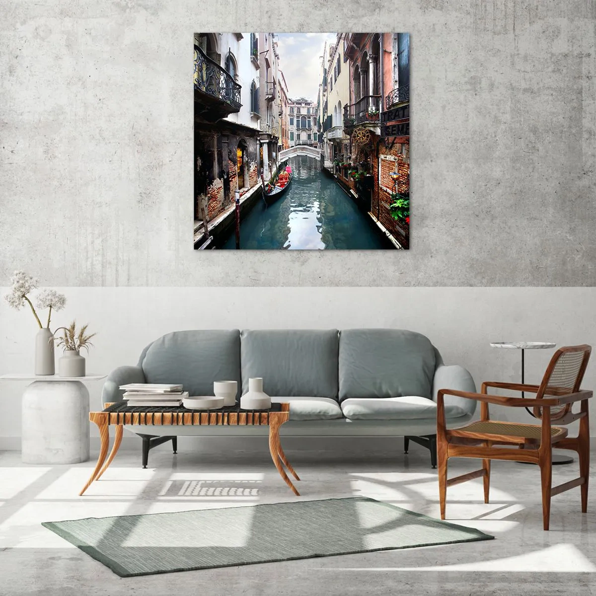 Billede på glas - Venetiansk landskab med gondol og bro - 50x50 cm