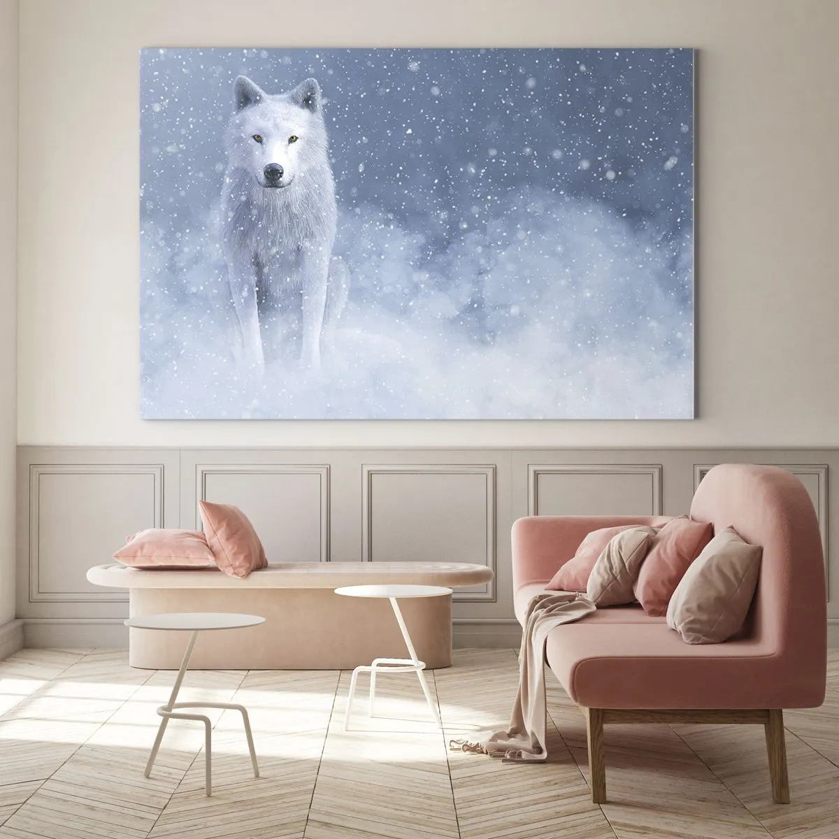 Billede på glas - En hvid ulv i en snestorm kigger lige frem - 70x50cm - I vinterens ånd - Moderne vægdekoration til stue og soveværelse ARTTOR