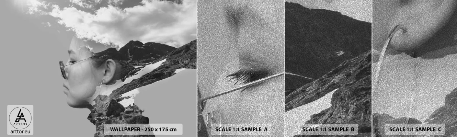 Prøve Fototapet Premium Sand - Portræt af toppen og skyen - Abstraktion, Kvindehoved, Fantasi - 100x30 cm