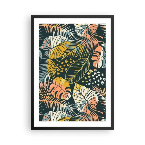 Plakat i sort ramme - Et farverigt tropisk bladmønster i nuancer af grøn, gul og lyserød. - 50x70cm - Løvrig fantasi - Moderne vægdekoration til stue og soveværelse ARTTOR