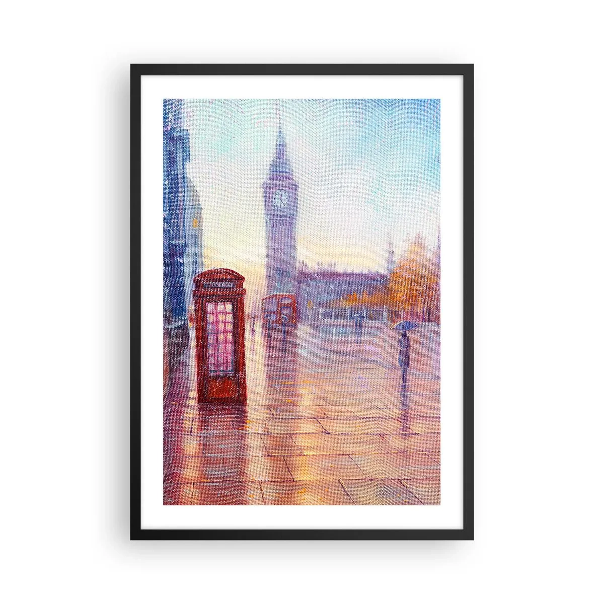 Plakat i sort ramme - Big Ben og den røde telefonboks på en regnvejrsdag - 50x70cm - En efterårsdag i London - Moderne vægdekoration til stue og soveværelse ARTTOR