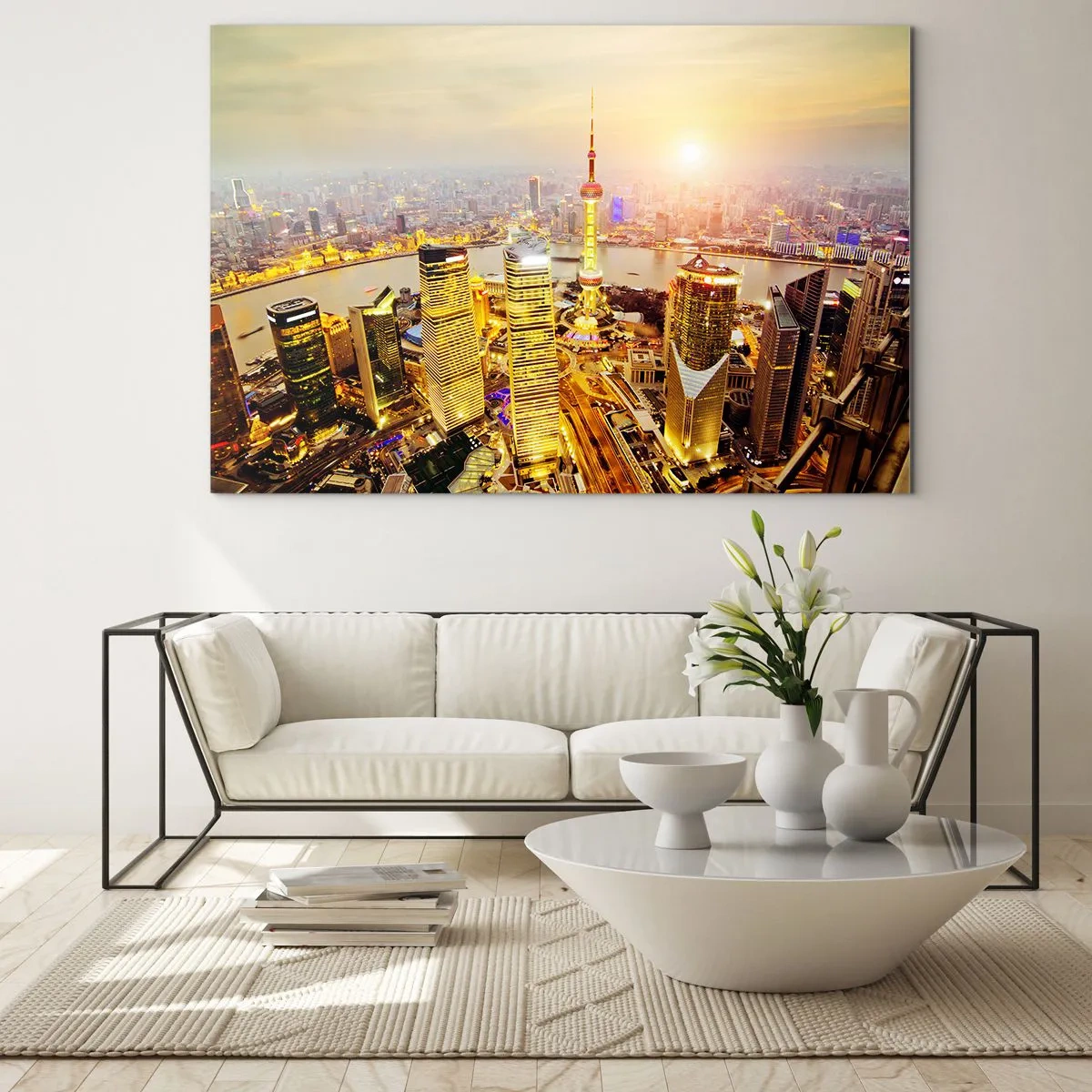Billede på glas - Panorama over byen ved solnedgang med skyskrabere - 70x50cm - Den asiatiske drøm - Moderne vægdekoration til stue og soveværelse ARTTOR