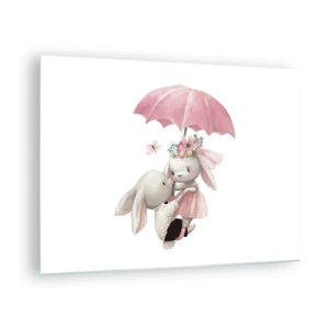 Billede på glas - To kaniner under en lyserød paraply i en romantisk scene - 70x50cm - Det er kærlighed - Moderne vægdekoration til stue og soveværelse ARTTOR