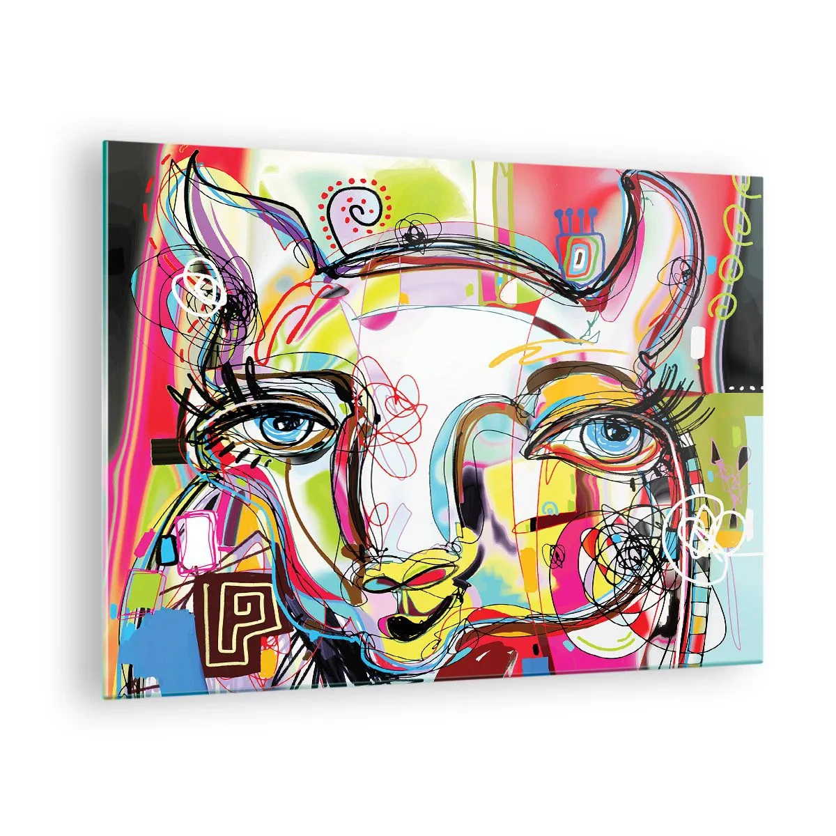 Billede på glas - Abstrakt billede af et katteansigt i farverigt kunstnerisk udtryk - 70x50cm - Rigdommen ved katteeksamen - Moderne vægdekoration til stue og soveværelse ARTTOR