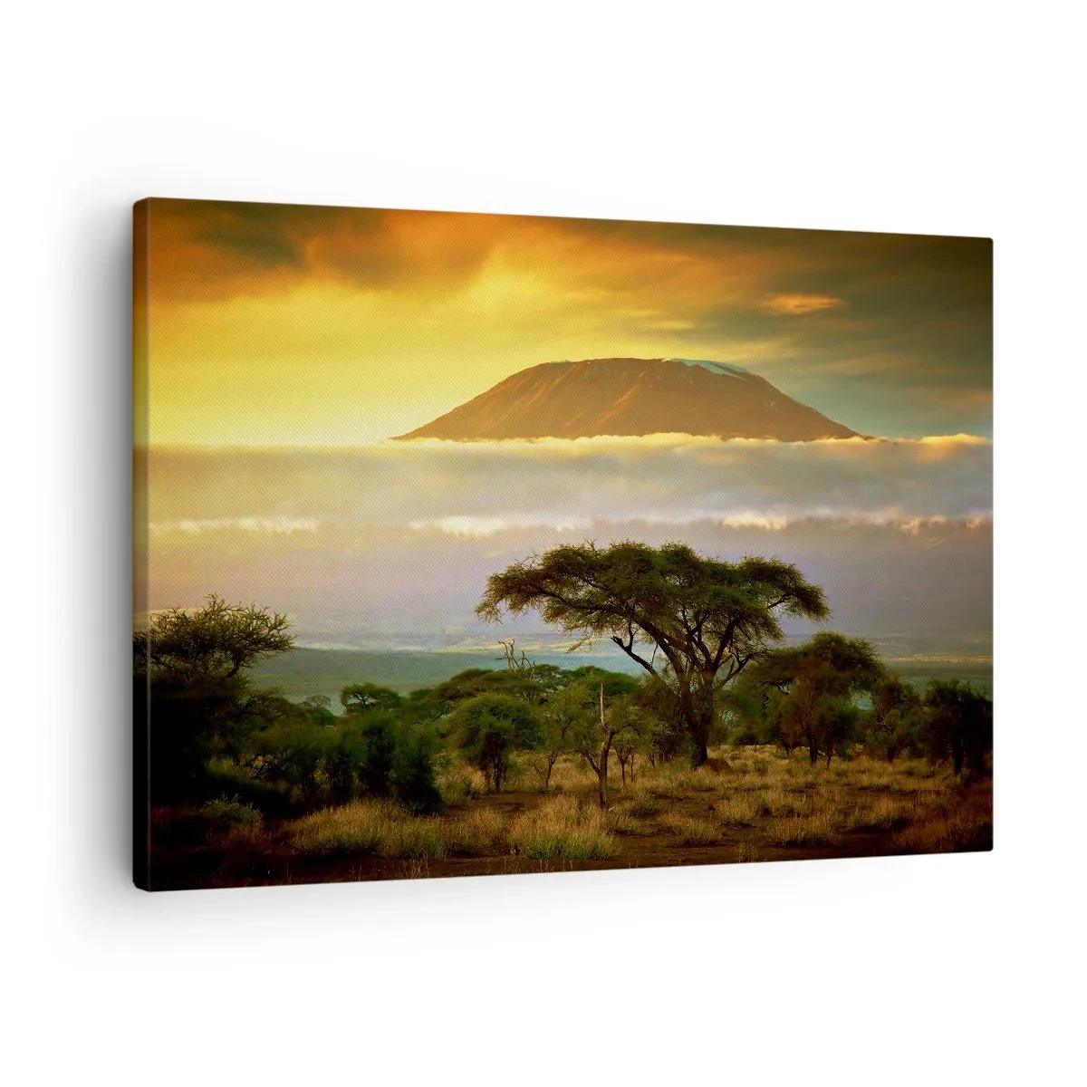 Lærredstryk - Billede på lærred - Afrikansk landskab med Kilimanjaro ved solopgang - 70x50cm - En rejsendes drøm - Moderne vægdekoration til stue og soveværelse ARTTOR