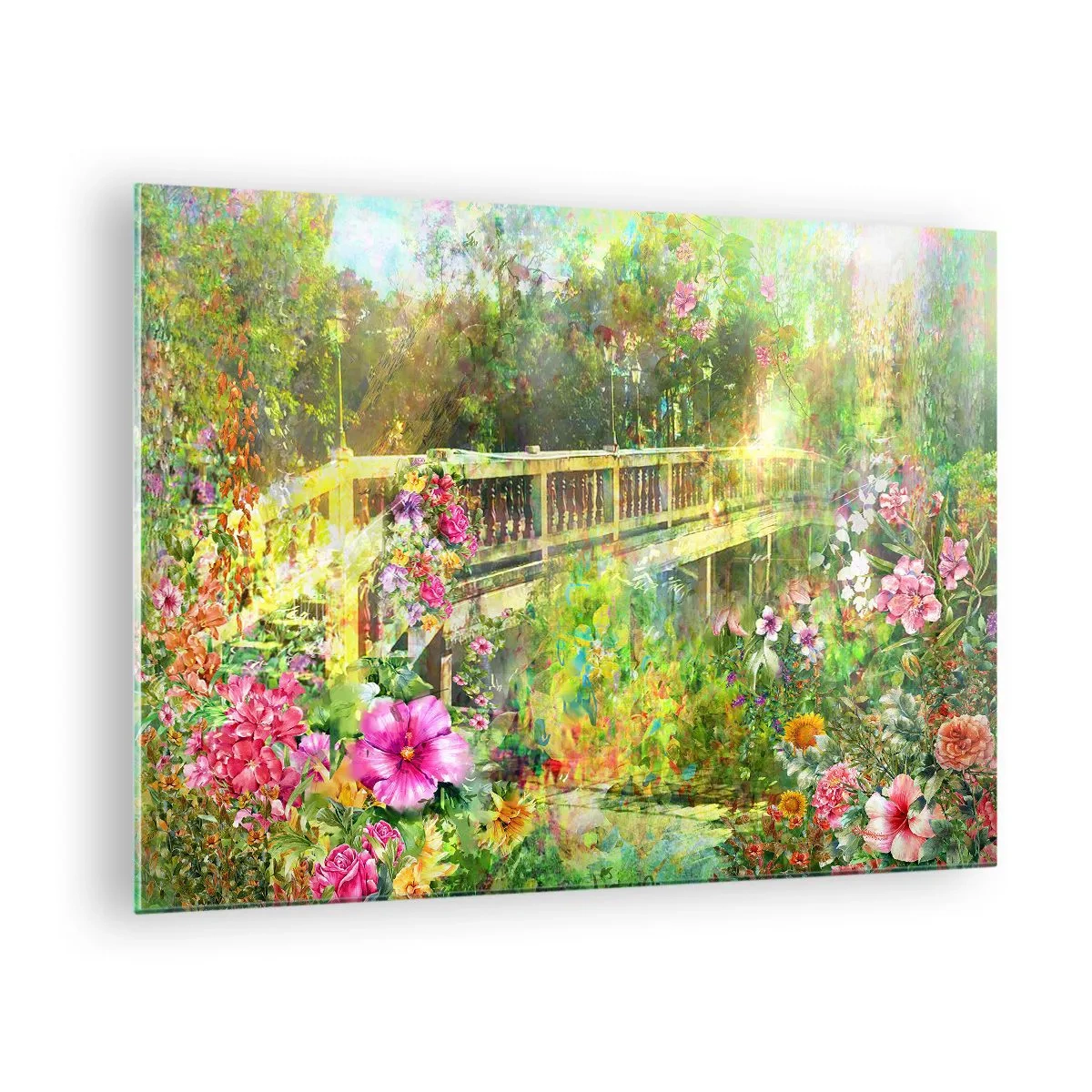 Billede på glas - En bro omgivet af frodig vegetation og farverige blomster - 70x50cm - Bro af forårets suk - Moderne vægdekoration til stue og soveværelse ARTTOR