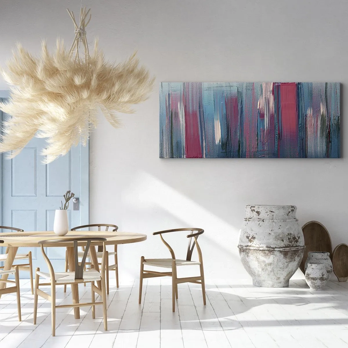 Lærredstryk - Billede på lærred - Lodret komposition i blåt og rødt - 90x30 cm