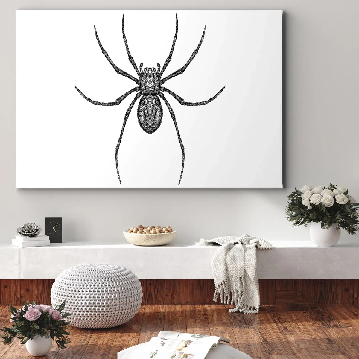 Lærredstryk - Billede på lærred - Detalje af en edderkop på en hvid baggrund i tegneseriestil - 70x50cm - Foruroligende præcision - Moderne vægdekoration til stue og soveværelse ARTTOR
