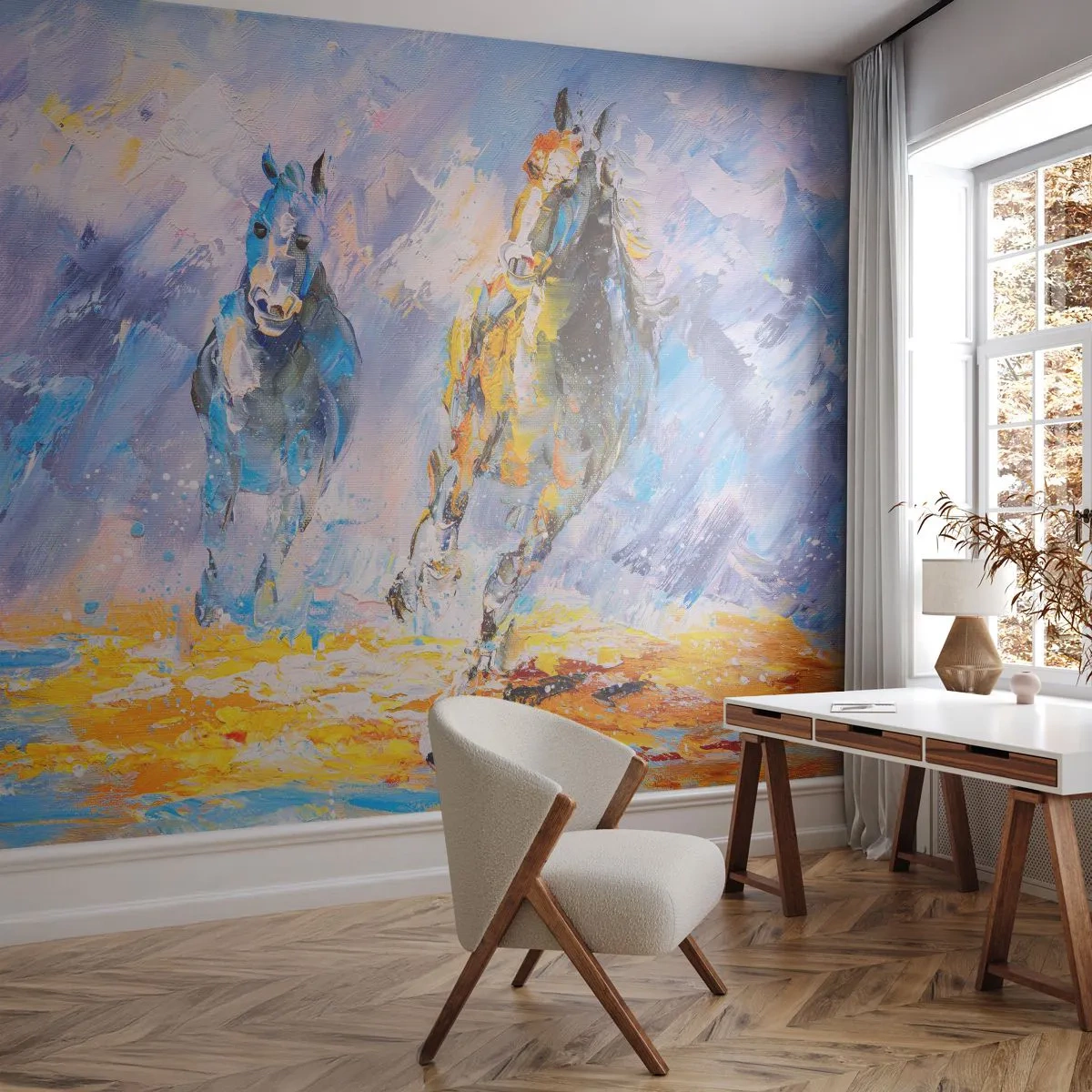 Fototapet Selvklæbende Deluxe Sticker - Galopperer gennem det blanke skær - Dyr, Heste, impressionisme - 500x350 cm