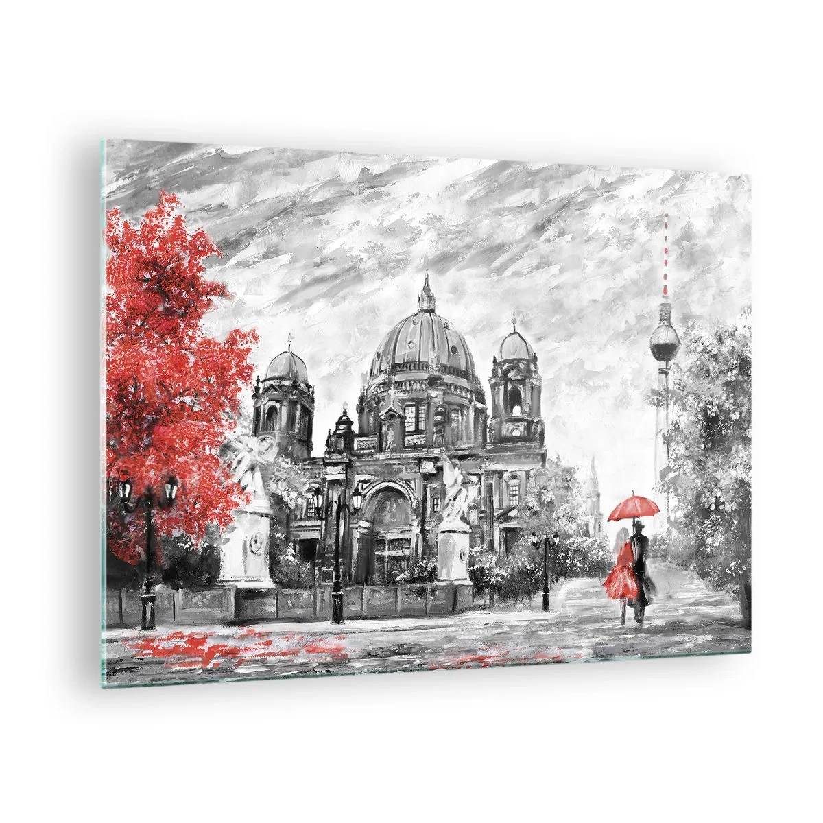 Billede på glas - Berliner Domkirke med rød accent i monokromatiske toner - 70x50cm - Møde i Berlin - Moderne vægdekoration til stue og soveværelse ARTTOR