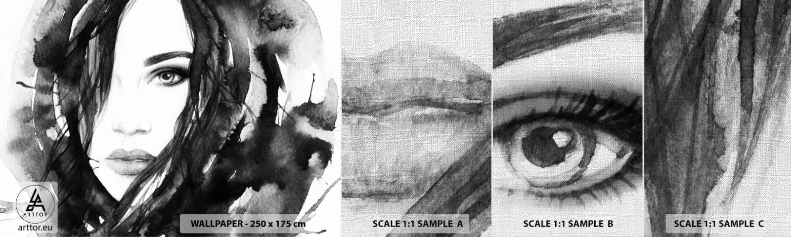 Prøve Fototapet Premium Canvas - Portræt af en dame i sort og hvidt - Abstraktion, Kvindens ansigt, Portræt - 100x30 cm