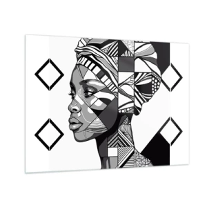 Billede på glas - Sort-hvidt etnisk portræt af en kvinde med geometriske mønstre - 70x50cm - Etnisk portræt - Moderne vægdekoration til stue og soveværelse ARTTOR