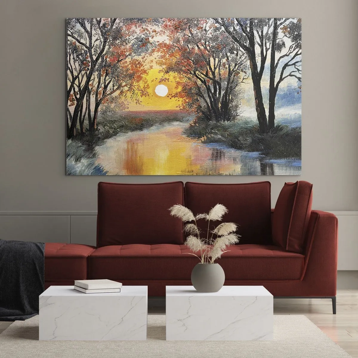 Billede på glas - Solnedgang over floden blandt træerne - 70x50cm - Efterårs atmosfære - Moderne vægdekoration til stue og soveværelse ARTTOR