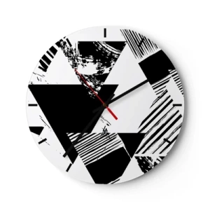 Vægur, Uret - Sort-hvid geometrisk komposition med trekanter - 30x30cm - Regn af trekanter - Moderne vægdekoration til stue, køkken og soveværelse ARTTOR