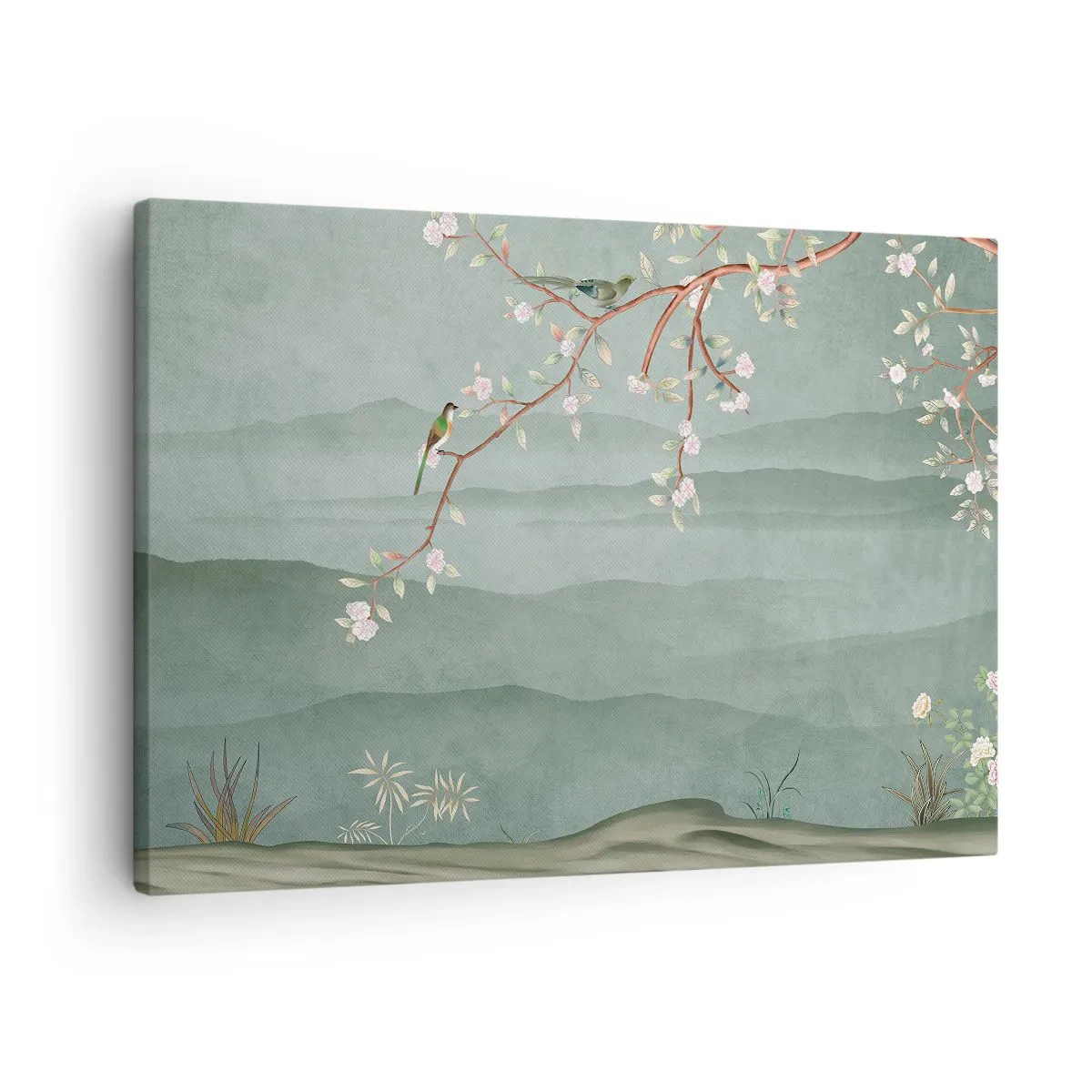 Lærredstryk - Billede på lærred - Et malerisk billede af en blomstrende trægren med fugle mod en baggrund af grønne bakker. - 70x50cm - Forår, ah, det er dig - Moderne vægdekoration til stue og soveværelse ARTTOR