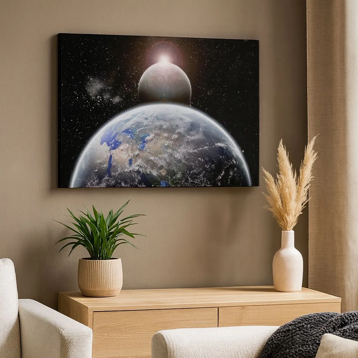 Lærredstryk - Billede på lærred - Planeten Jorden og Månen mod baggrund af det stjerneklare ydre rum. - 70x50cm - Kosmisk landskab - solopgang - Moderne vægdekoration til stue og soveværelse ARTTOR