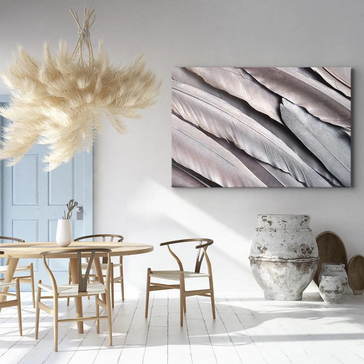 Lærredstryk - Billede på lærred - Delikate fjer i diskrete grå og beige nuancer - 70x50cm - I lyserødt sølv - Moderne vægdekoration til stue og soveværelse ARTTOR