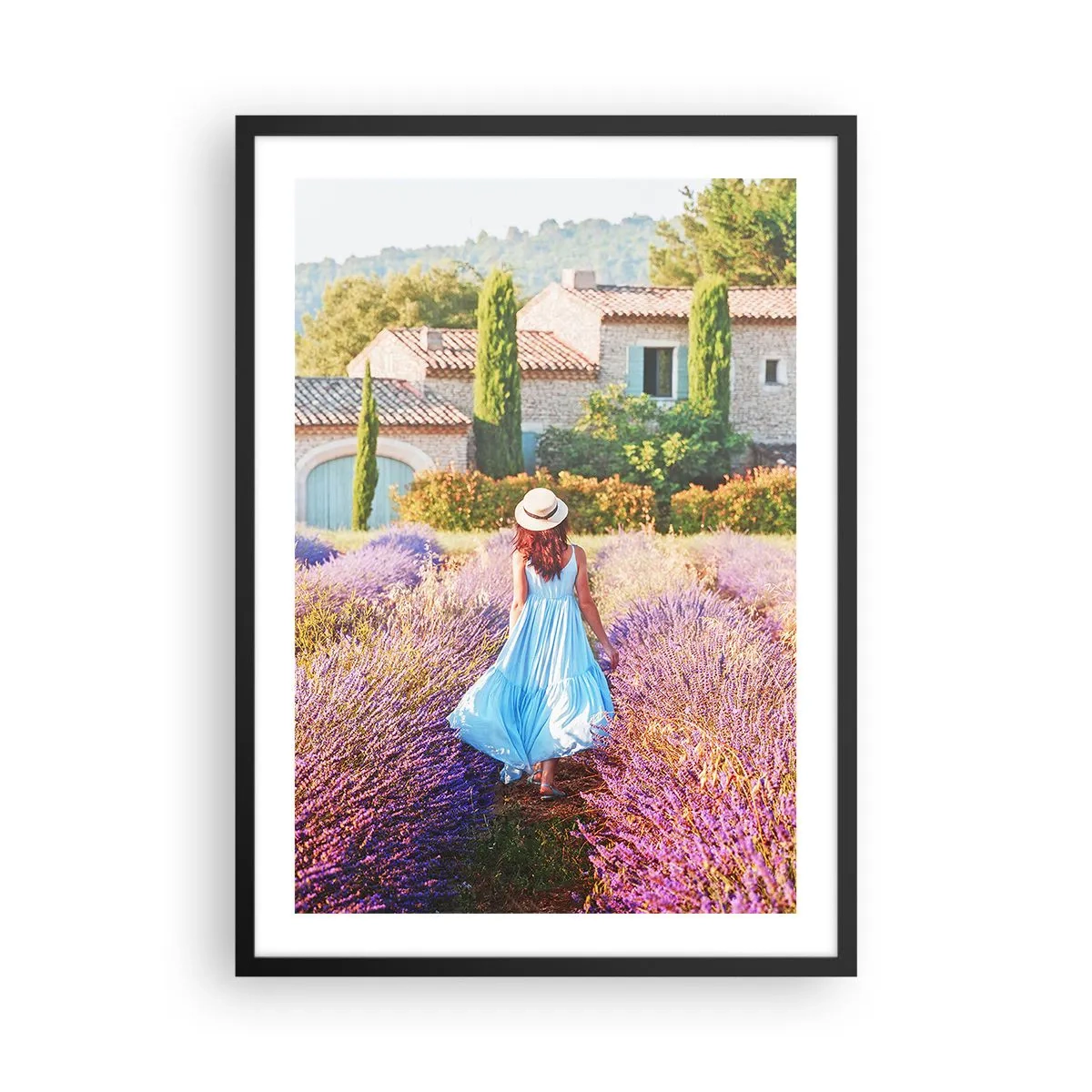 Plakat i sort ramme - En kvinde i en blå kjole går gennem en lavendelmark. - 50x70cm - Lavendel pige - Moderne vægdekoration til stue og soveværelse ARTTOR