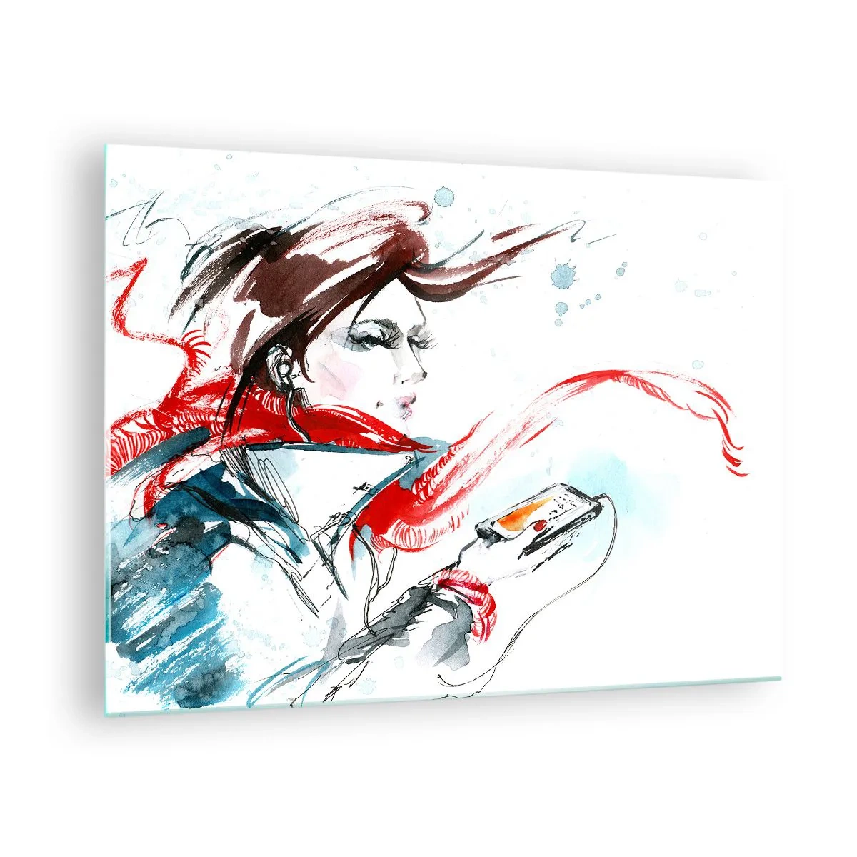 Billede på glas - En kvinde i et rødt tørklæde med dynamiske, skitserede detaljer. - 70x50cm - Noget spiller inden i mig - Moderne vægdekoration til stue og soveværelse ARTTOR