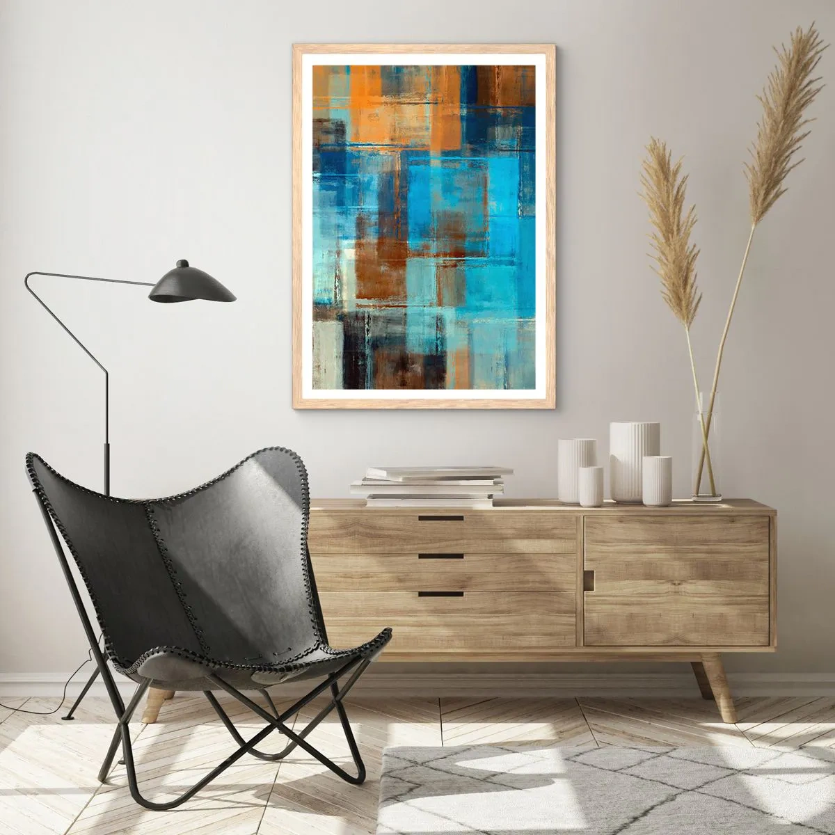 Plakat i ramme af lyst egetræ - Gennem det blå slør - 70x100 cm