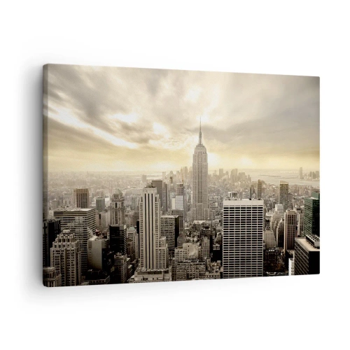 Lærredstryk - Billede på lærred - Panorama over byen med udsigt til Empire State Building - 70x50cm - New York vævet af grå - Moderne vægdekoration til stue og soveværelse ARTTOR