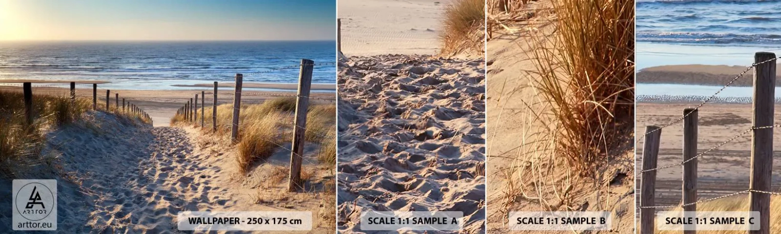 Prøve Fototapet Selvklæbende Deluxe Sticker - Havet brummer, fuglene synger, en vild strand midt i græsset.... - Landskab, Strand, Klitter - 100x30 cm
