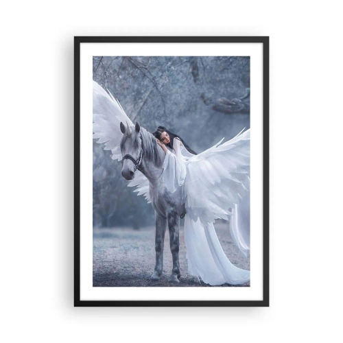 Plakat i sort ramme - Pegasus med hvide vinger og en æterisk figur - 50x70cm - Inspireret øjeblik - Moderne vægdekoration til stue og soveværelse ARTTOR