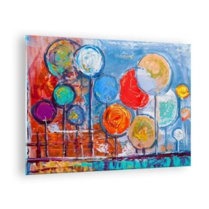 Billede på glas - Farverige, abstrakte træer malet mod himlen - 70x50cm - Mirakler på en pind - Moderne vægdekoration til stue og soveværelse ARTTOR