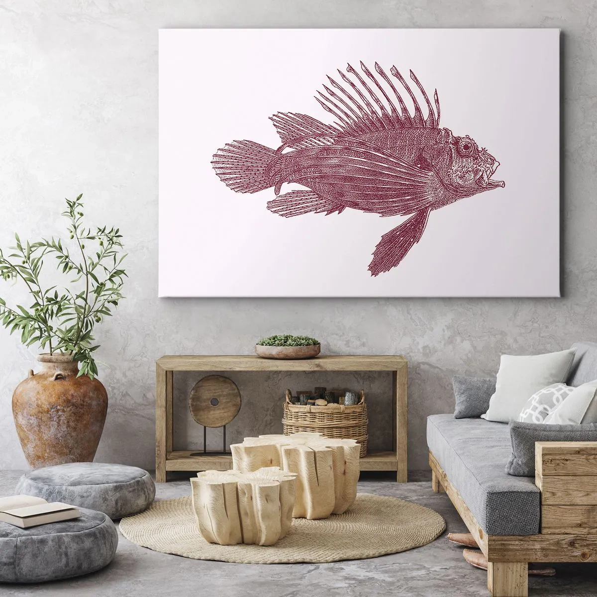 Lærredstryk - Billede på lærred - Tegning af en fisk i en rød nuance - 70x50cm - En beboer i eksotiske farvande - Moderne vægdekoration til stue og soveværelse ARTTOR