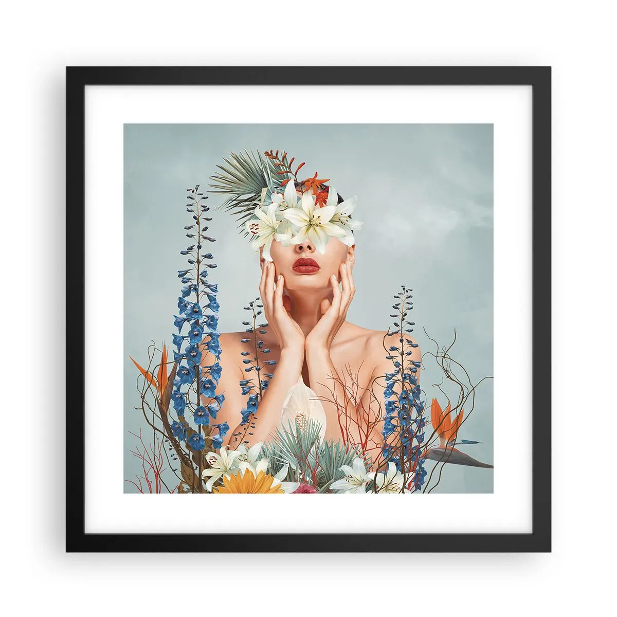 Plakat i sort ramme - Kvinde blomst - 40x40 cm