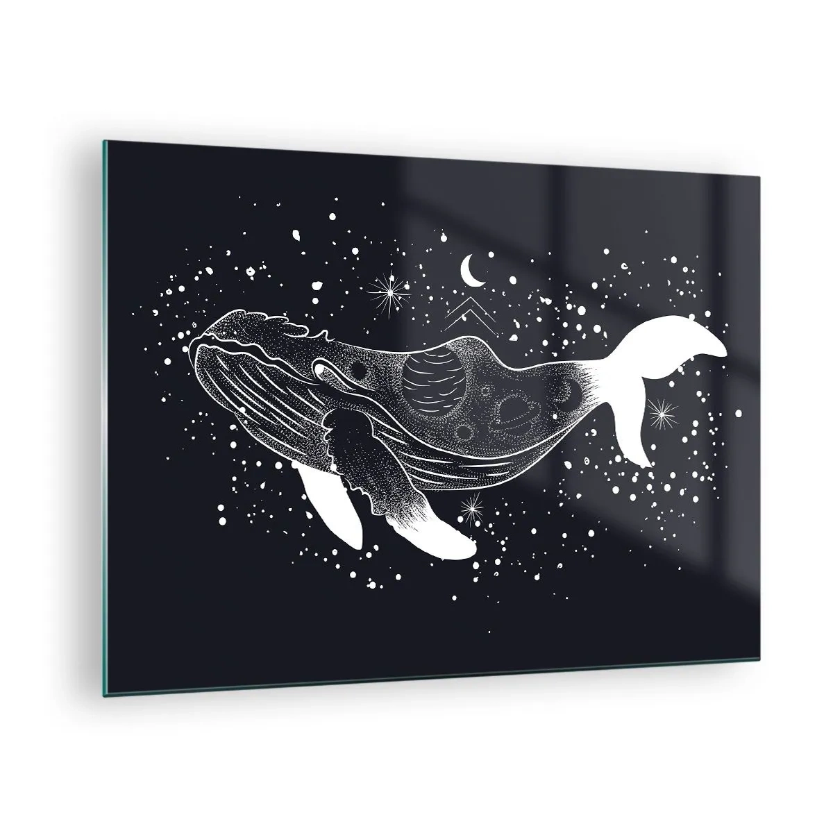 Billede på glas - Grafisk hvid silhuet af en hval, der svæver i rummet - 70x50cm - I universets ocean - Moderne vægdekoration til stue og soveværelse ARTTOR