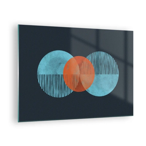 Billede på glas - Farvede cirkler med lodrette linjer på en mørk baggrund - 70x50cm - Symmetrisk sammensætning - Moderne vægdekoration til stue og soveværelse ARTTOR