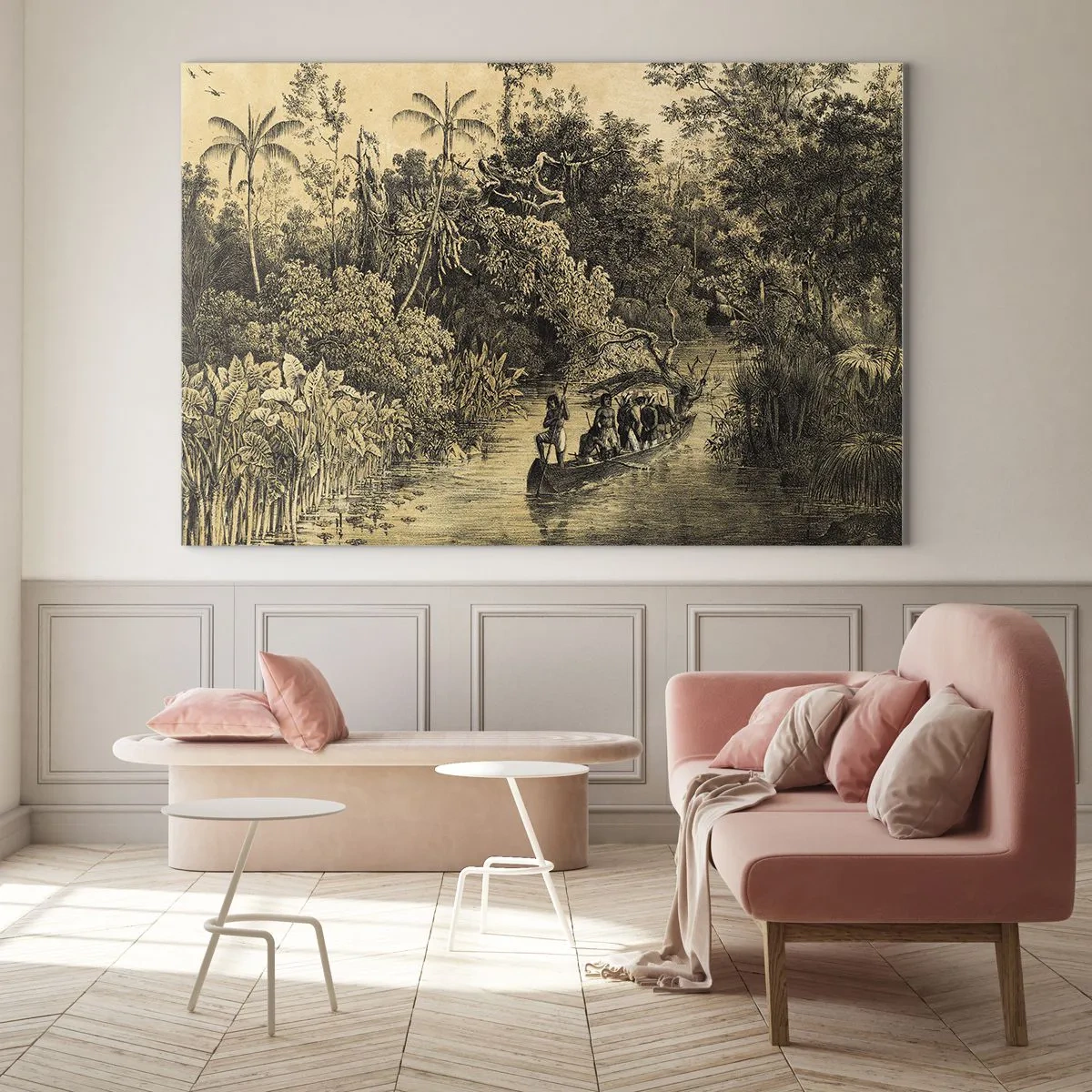 Billede på glas - Retrotryk, der forestiller en rejse gennem junglen - 70x50cm - Rejsen til kilden - Moderne vægdekoration til stue og soveværelse ARTTOR