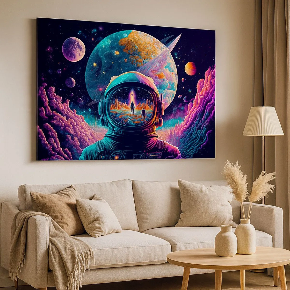 Lærredstryk - Billede på lærred - Astronaut i rummet med et farverigt planetarisk landskab - 70x50cm - Filosoffer har aldrig drømt - Moderne vægdekoration til stue og soveværelse ARTTOR