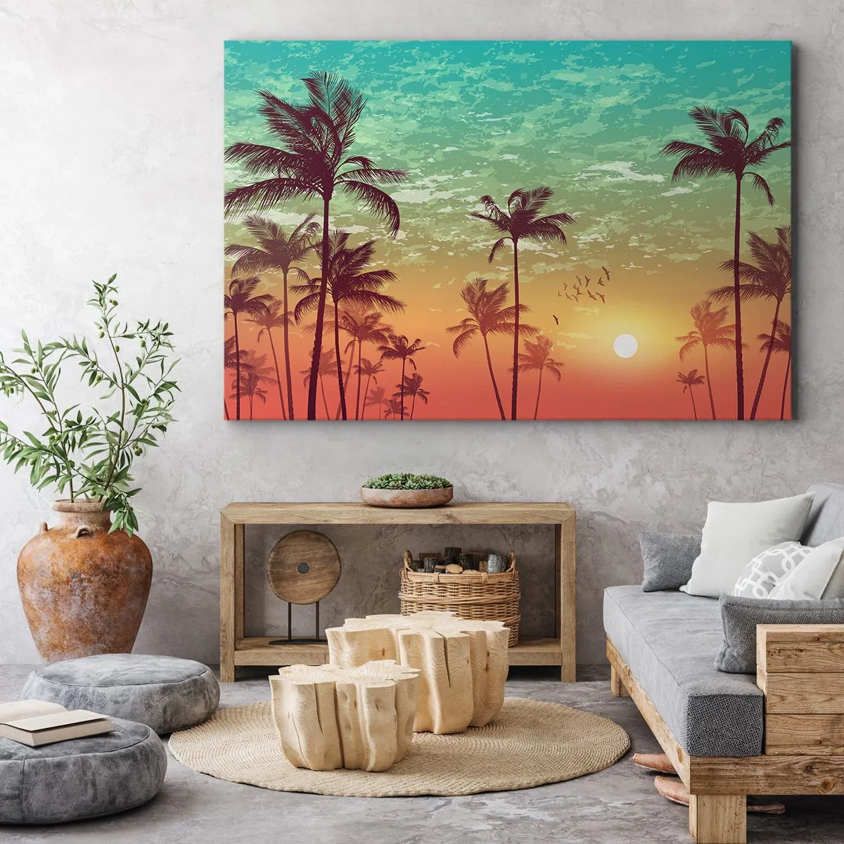 Lærredstryk - Billede på lærred - Solnedgang med palmer mod en farverig himmel - 70x50cm - Tropisk klima - Moderne vægdekoration til stue og soveværelse ARTTOR
