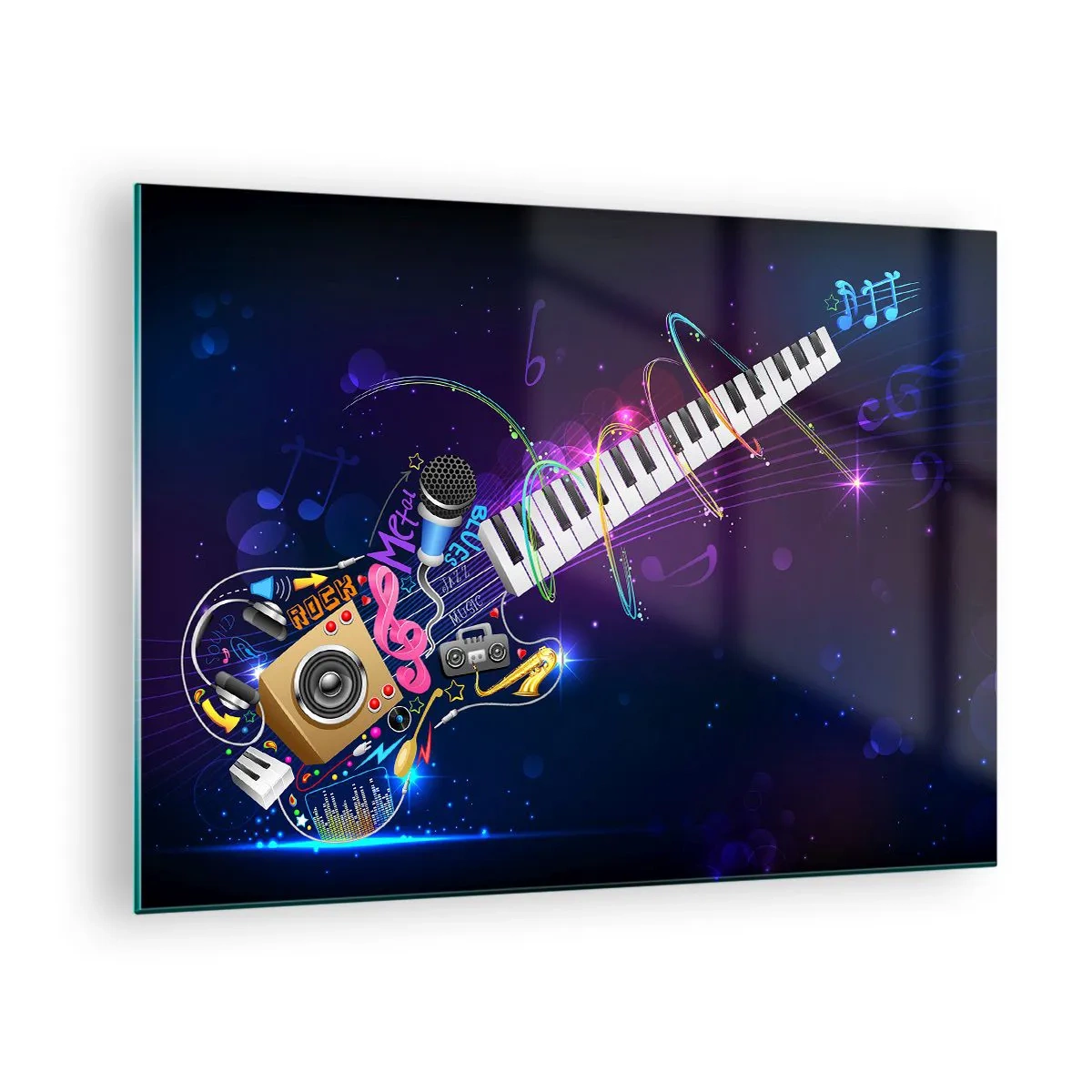 Billede på glas - Farverig musikalsk komposition med instrumenter og noder - 70x50cm - Og alt er i orden - Moderne vægdekoration til stue og soveværelse ARTTOR