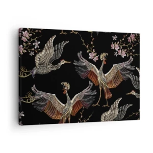 Lærredstryk - Billede på lærred - Stilfulde traner og blomster på en sort baggrund - 70x50cm - Eventyrlig fugl - Moderne vægdekoration til stue og soveværelse ARTTOR