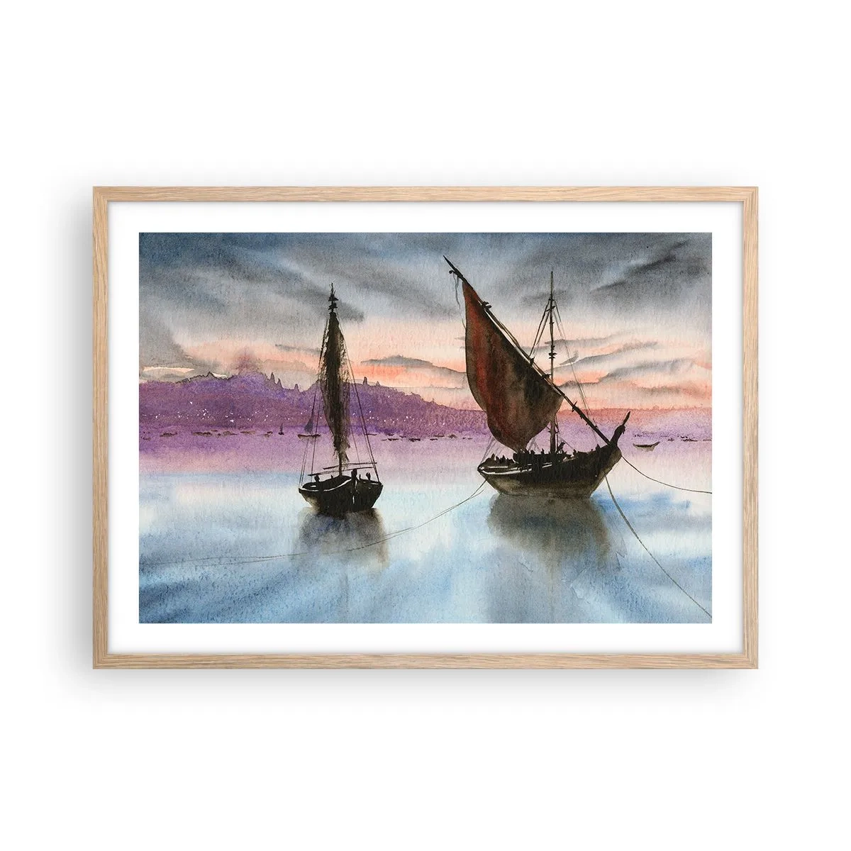 Plakat i ramme af lyst egetræ - Aften i havnen - 70x50 cm