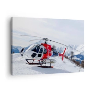 Lærredstryk - Billede på lærred - En rød helikopter mod et snedækket bjerglandskab. - 70x50cm - Altid klar - Moderne vægdekoration til stue og soveværelse ARTTOR