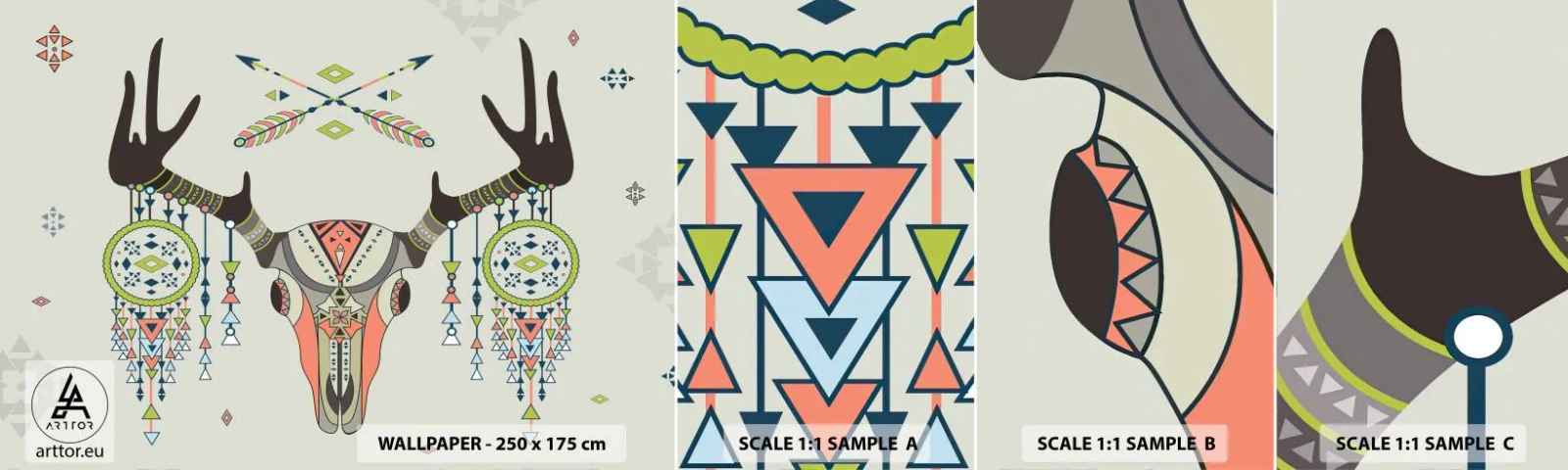 Fototapet Prøve Standard Eco - Indiansk jægers trofæ - Abstraktion, Hjort, Boho - 100x30 cm