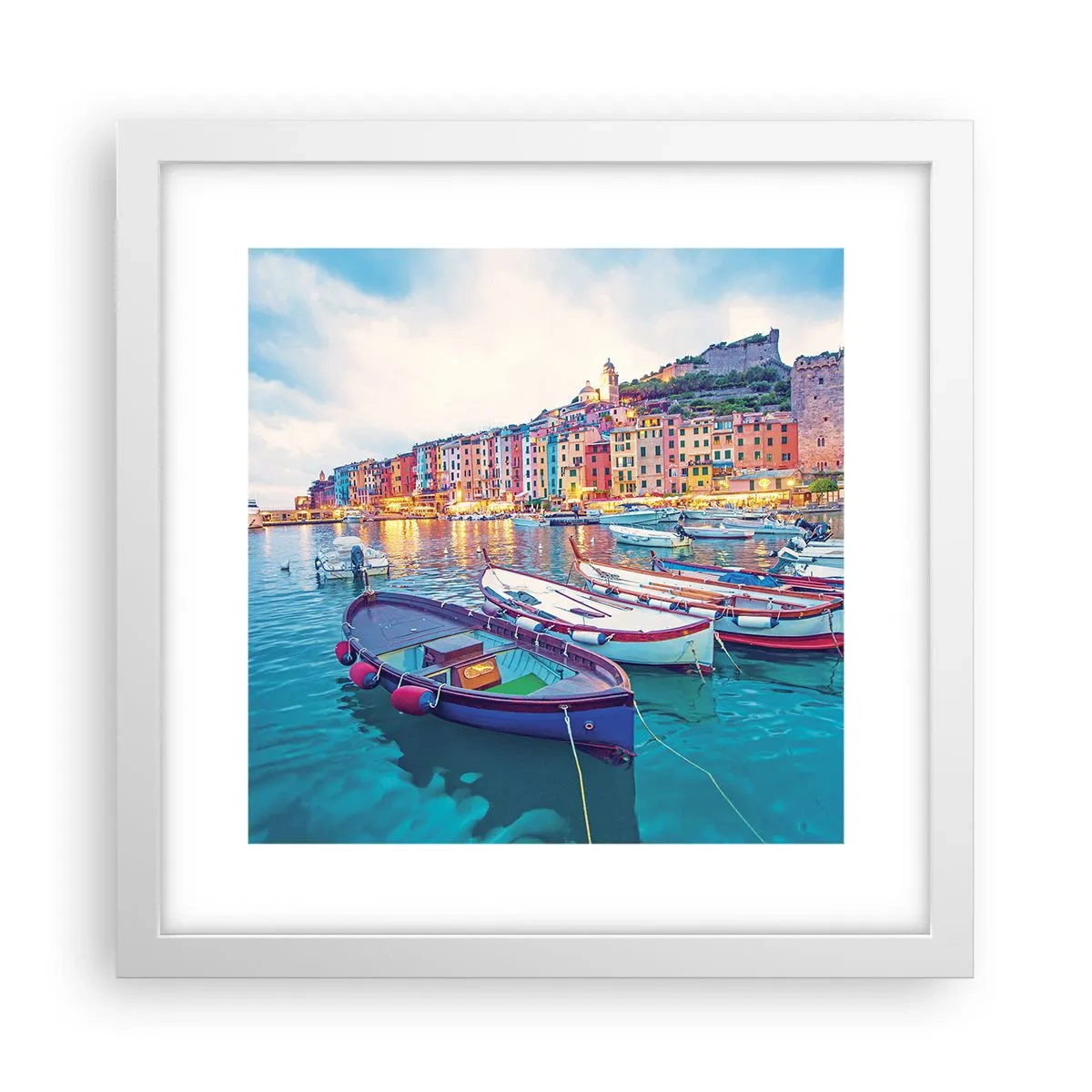 Plakat i hvid ramme - En farverig aften i havnen - 30x30 cm