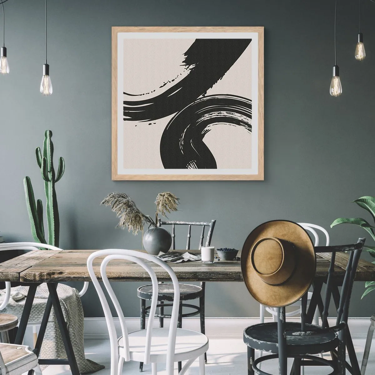 Plakat i ramme af lyst egetræ - Fejende og cirkulær - 40x40 cm