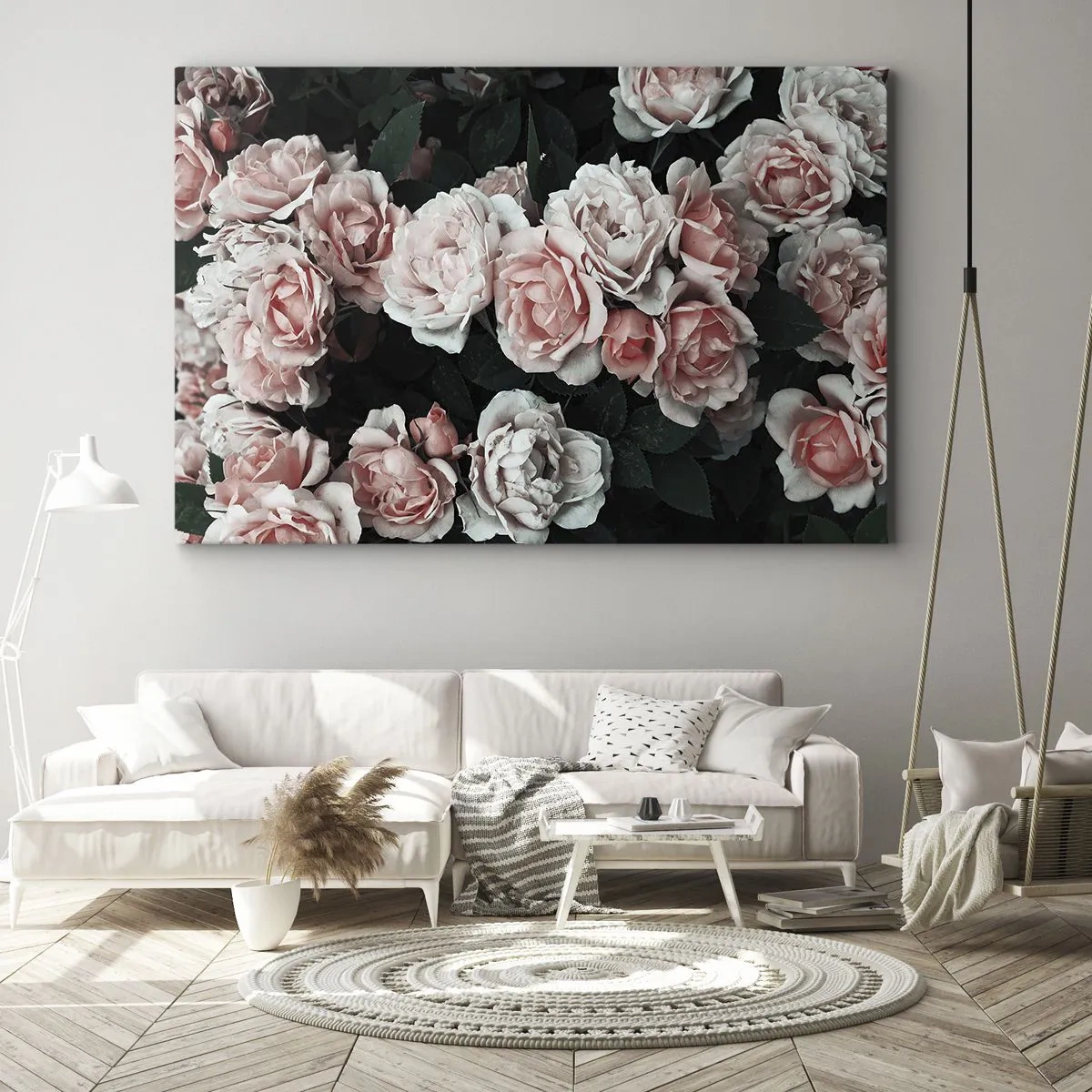 Lærredstryk - Billede på lærred - Lyserøde roser på en mørk baggrund i en diskret komposition - 70x50cm - Lyserød ansamble - Moderne vægdekoration til stue og soveværelse ARTTOR