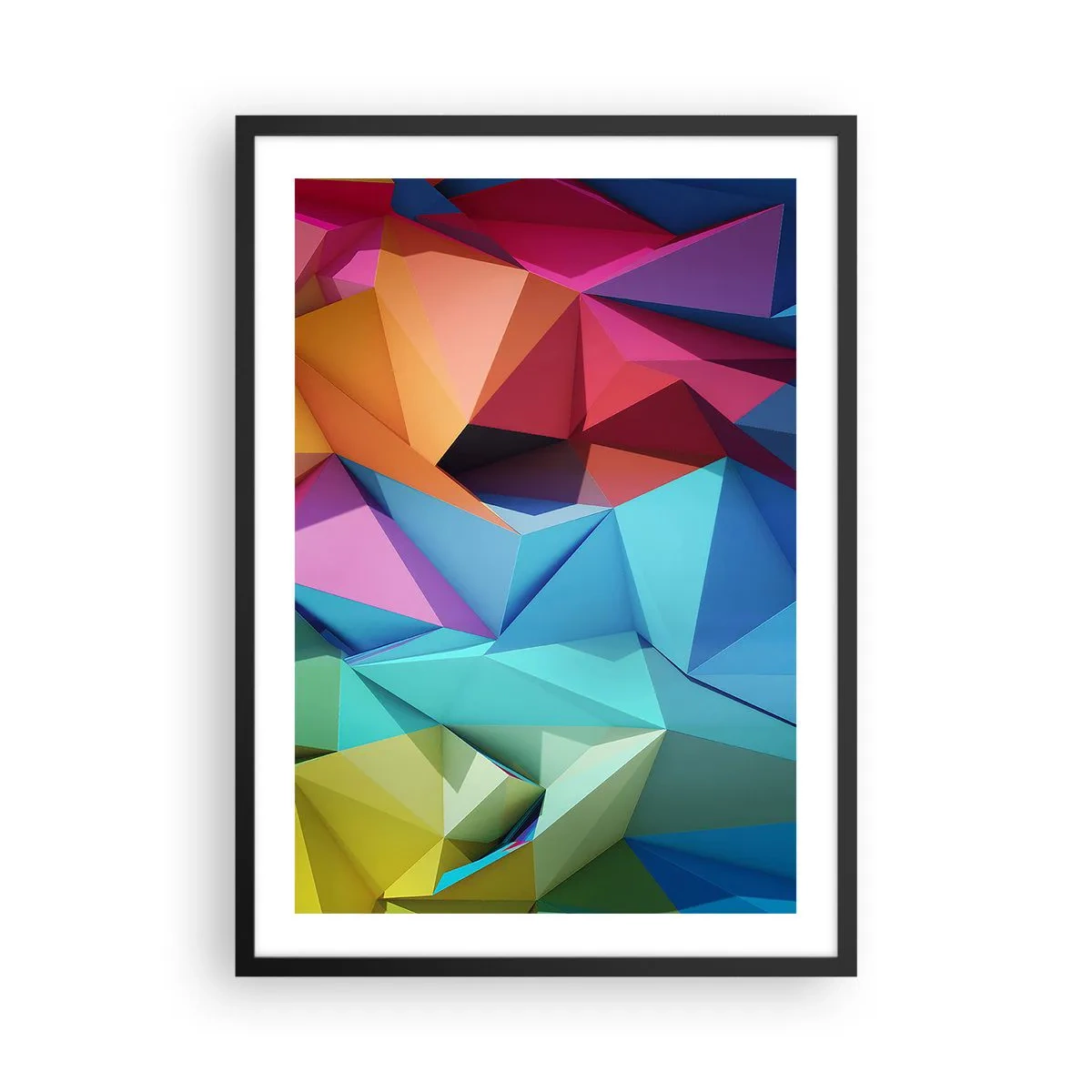 Plakat i sort ramme - Farverig geometrisk abstraktion med trekanter - 50x70cm - Regnbue origami - Moderne vægdekoration til stue og soveværelse ARTTOR
